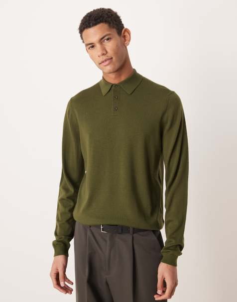 ASOS DESIGN - Strikket kakifarvet poloskjorte i ren merinould med lange ærmer - view 1