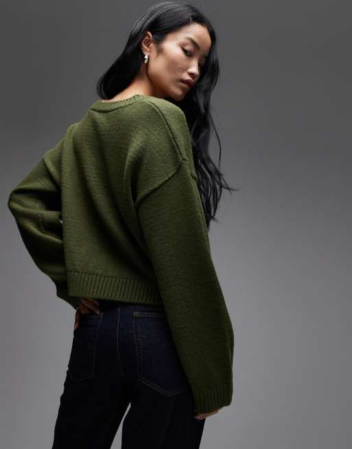 ASOS DESIGN - Strikket khakifarvet trøje med vide ærmer og V-hals, 3 af 4