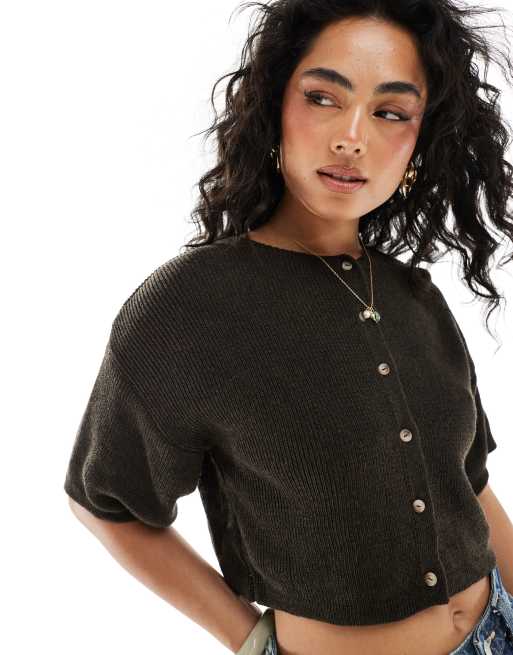 ASOS DESIGN - Strikket kortærmet cardigan i chokoladebrun, 2 af 4