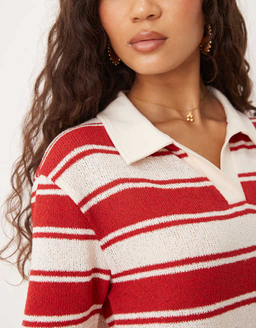 ASOS DESIGN - Strikket kortærmet top med rugbykrave og røde striber - Del af sæt, 3 af 4