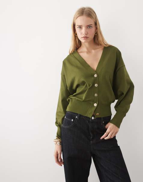ASOS DESIGN strikket løs oversized cardigan i khaki - view 1