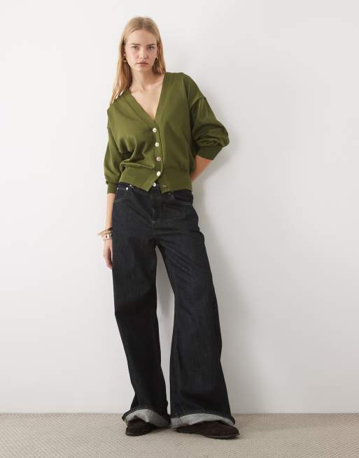 ASOS DESIGN strikket løs oversized cardigan i khaki, 2 af 4
