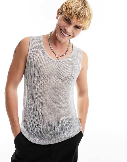 ASOS DESIGN - Strikket mesh-top i metallisk sølvfarve