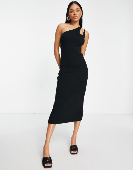 ASOS DESIGN - Strikket midikjole med asymmetriske stropper i sort