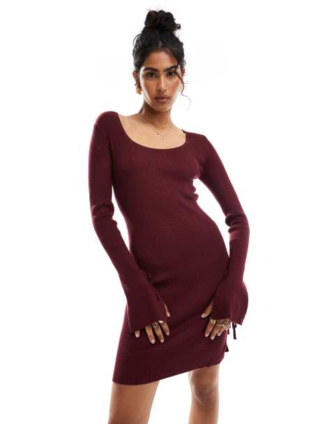 ASOS DESIGN - Strikket minikjole med dyb, rund hals og bindebånd i bordeaux - view 1