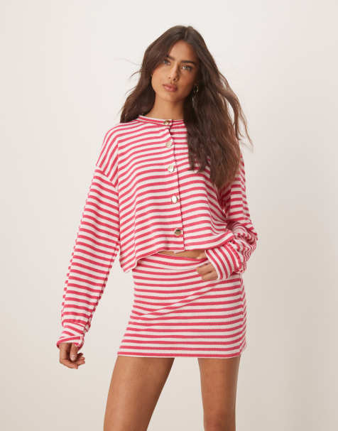 ASOS DESIGN - Strikket mininederdel med lyserøde striber - Del af sæt - view 1
