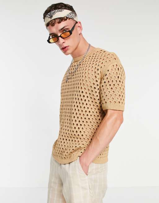 ASOS DESIGN - Strikket net-T-shirt i brun