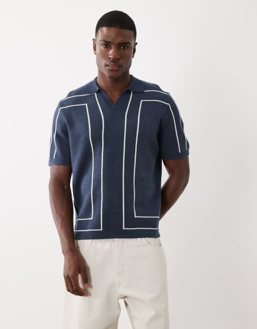ASOS DESIGN - Strikket og afslappet marineblå poloskjorte med halshak og lineært print, 3 af 5