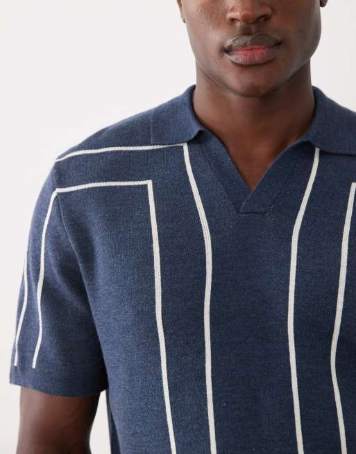 ASOS DESIGN - Strikket og afslappet marineblå poloskjorte med halshak og lineært print, 4 af 5