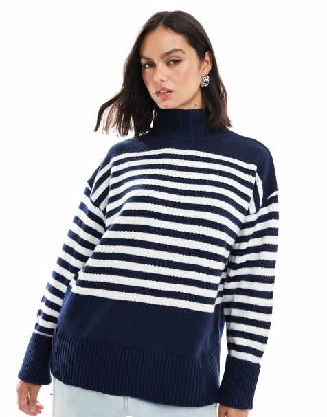 ASOS DESIGN - Strikket og højhalset trøje med opsmøgede ærmekanter og striber i marineblå - view 1