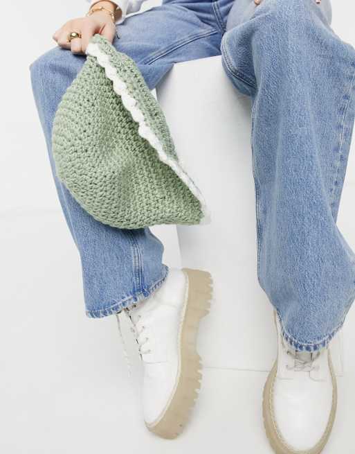 ASOS DESIGN - Strikket og hæklet bøllehat i cremefarve og salviegrøn, 4 af 4