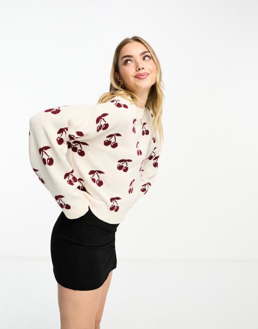 ASOS DESIGN - Strikket og hvid trøje med kirsebærprint og lange ærmer