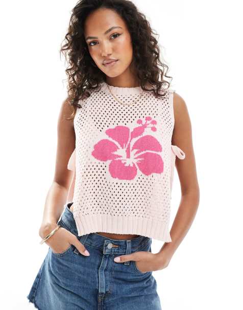 ASOS DESIGN - Strikket og lyserød kjortel-top med hibiscus-motiv og rund hals - view 1