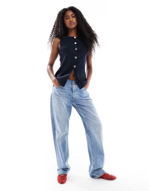 ASOS DESIGN - Strikket og marineblå habitvest med rund hals, struktur og guldknapper, 3 af 4