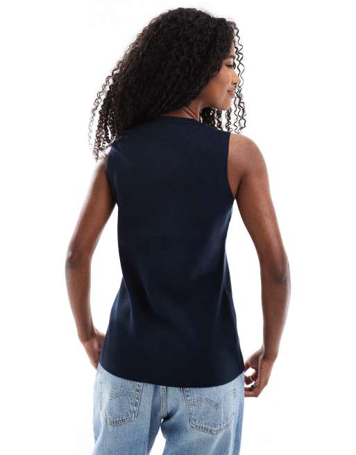 ASOS DESIGN - Strikket og marineblå habitvest med rund hals, struktur og guldknapper, 4 af 4