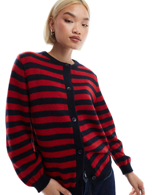 ASOS DESIGN - Strikket og plysset cardigan med slørede marineblå/røde striber