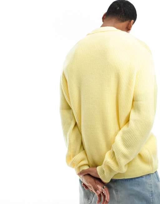 ASOS DESIGN - Strikket oversized fiskertrøje med ribber og hak i halsen i gul, 4 af 4