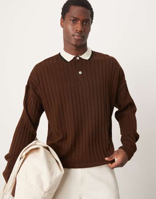 ASOS DESIGN - Strikket, oversized og brun poloskjorte med lange ærmer, firkantet pasform og kontrastkrave