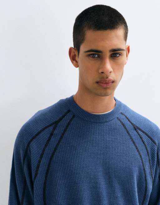 ASOS DESIGN strikket oversized striktrøje med paneler i blå, 3 af 9