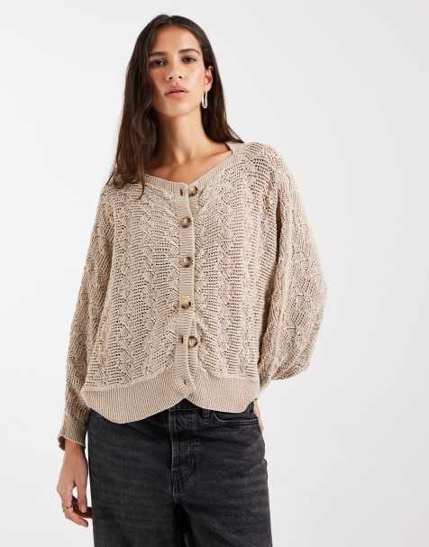 ASOS DESIGN strikket pointelle-cardigan med knapper i beige - view 1