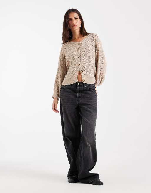 ASOS DESIGN strikket pointelle-cardigan med knapper i beige, 2 af 4