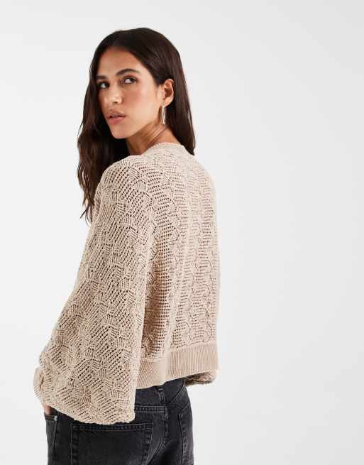 ASOS DESIGN strikket pointelle-cardigan med knapper i beige, 3 af 4