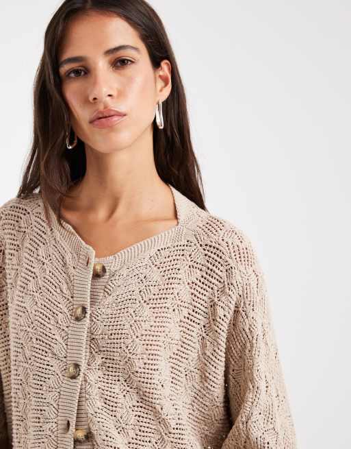 ASOS DESIGN strikket pointelle-cardigan med knapper i beige, 4 af 4