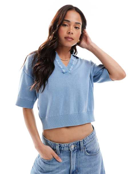 ASOS DESIGN - Strikket polotop med kravedetalje i blå syrevask - view 1