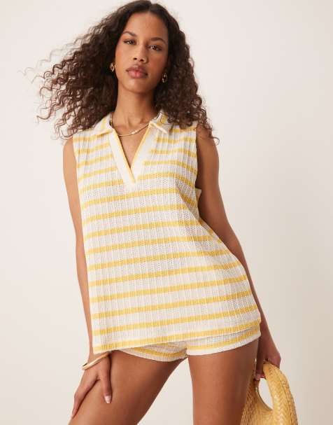 ASOS DESIGN - Strikket ærmeløs tanktop med polokrave og gule striber - Del af sæt - view 1