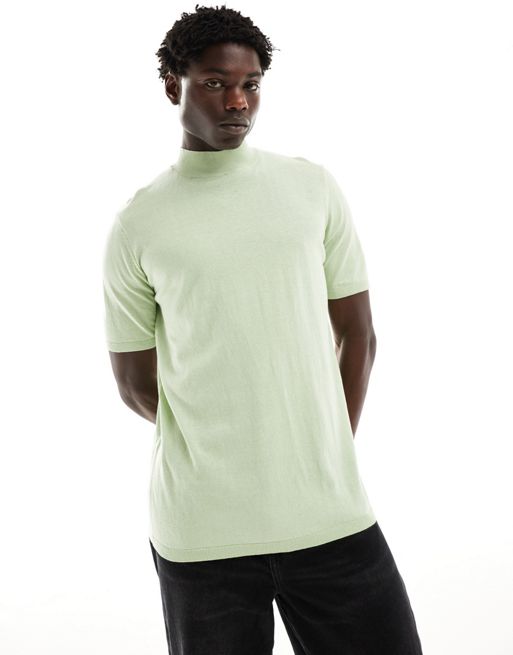 FhyzicsShops DESIGN - Strikket salviegrøn T-shirt i let bomuld med rullekrave