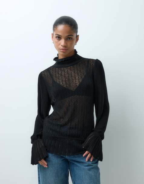 ASOS DESIGN strikket semi-transparent pointelle-striktrøje i sort - view 1