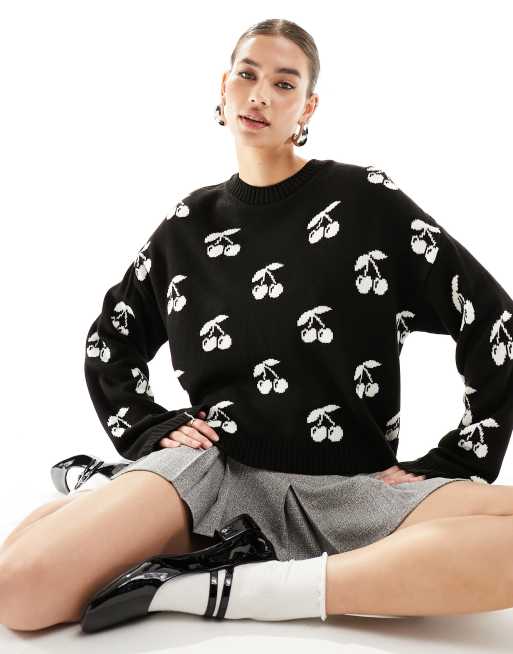ASOS DESIGN - Strikket sort trøje med kirsebærprint og lange ærmer