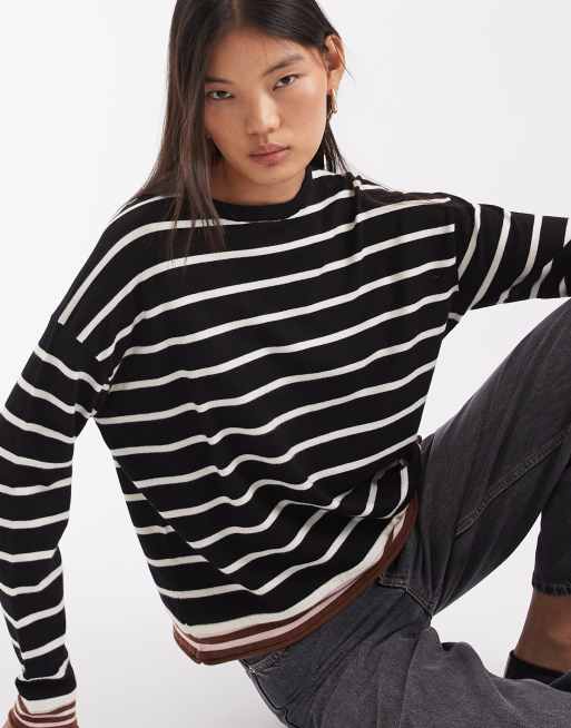 ASOS DESIGN strikket stribet trøje med kontrastdetaljer i brun, 3 af 4