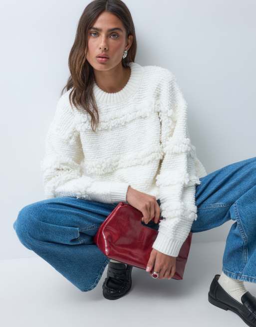 ASOS DESIGN strikket striktrøje med afslappet pasform og kvastdetalje i ecru, 5 af 5