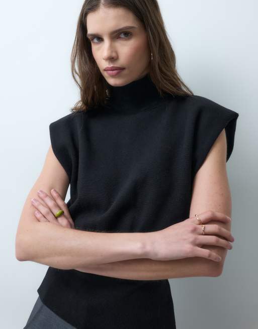 ASOS DESIGN strikket tanktop med høj hals og skulderpuder i sort, 3 af 4