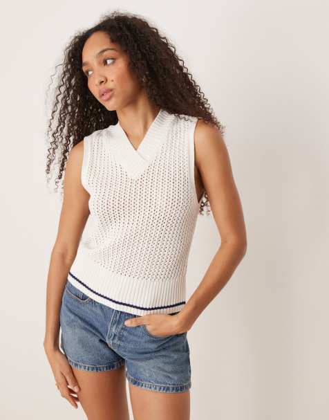 ASOS DESIGN - Strikket tanktop med V-hals og kantstribe i pointelle-hulstrik - view 1
