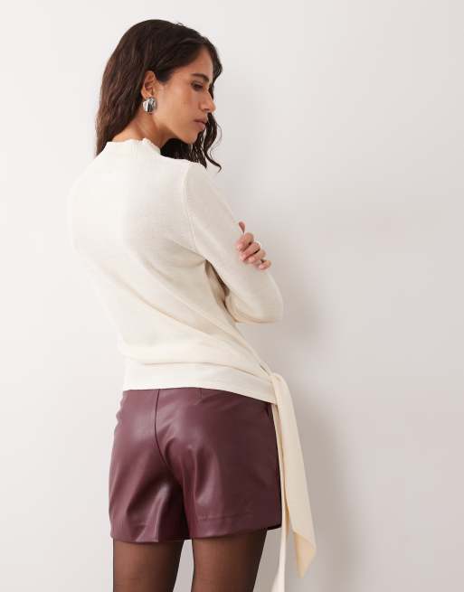 ASOS DESIGN strikket top med bindebånd i siden og ståkrave i creme, 3 af 4