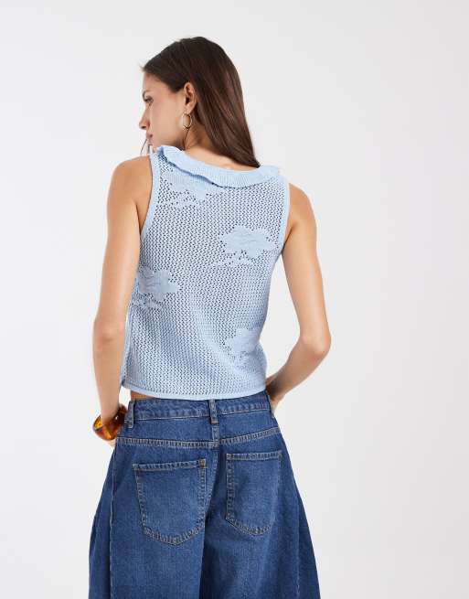 ASOS DESIGN strikket top med blomsterblonde i blå i sæt, 4 af 4