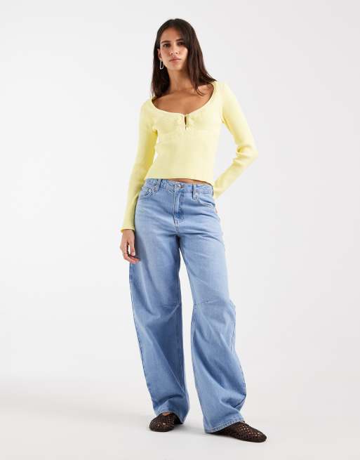 ASOS DESIGN strikket top med blondedetaljer og lange ærmer i gul, 2 af 4