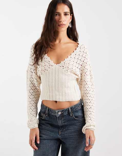 ASOS DESIGN strikket top med dyb udskæring og bindebånd i taljen med lange ærmer i creme - view 1