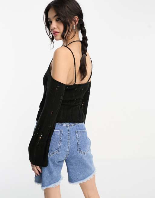 ASOS DESIGN - Strikket top med krydsende stropper og sliddetaljer i sort, 3 af 4