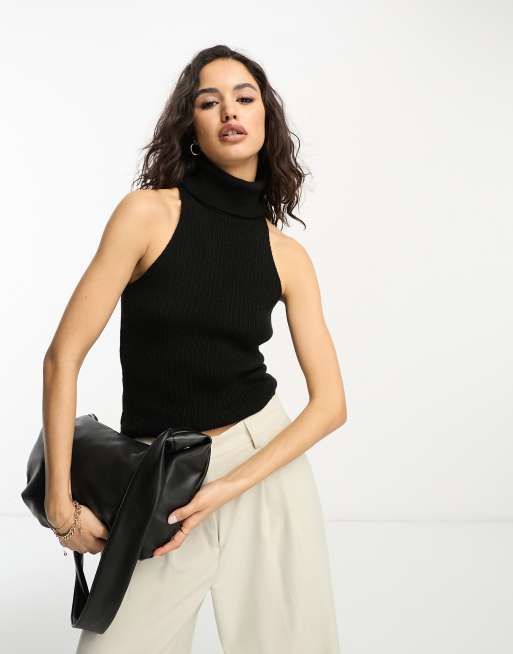 ASOS DESIGN - Strikket top uden ærmer med rullekrave i sort