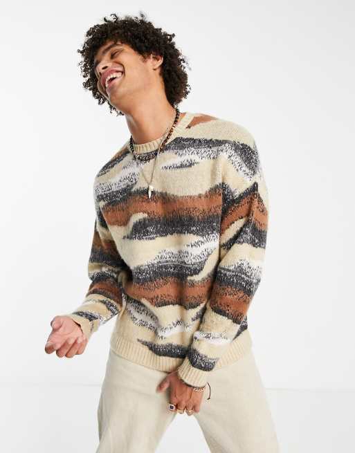 ASOS DESIGN - Strikket trøje med gennemgående abstrakt print i beige 
