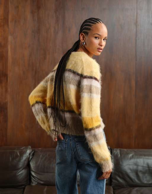 ASOS DESIGN - Strikket trøje med rund hals og gule striber i firkantet pasform, 4 af 4