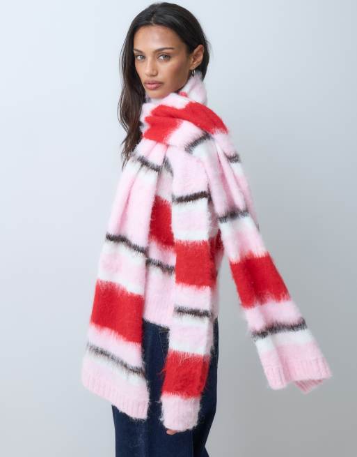 ASOS DESIGN - Lyserødt strikket sæt med trøje med rund hals i firkantet pasform og tørklæde med børstede striber, 2 af 3