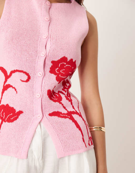 ASOS DESIGN - Strikket vest i lyserød med blomsterprint og struktur, 2 af 4