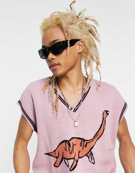 ASOS DESIGN - Strikket vest med dinosaurdesign i lyserød, 3 af 4