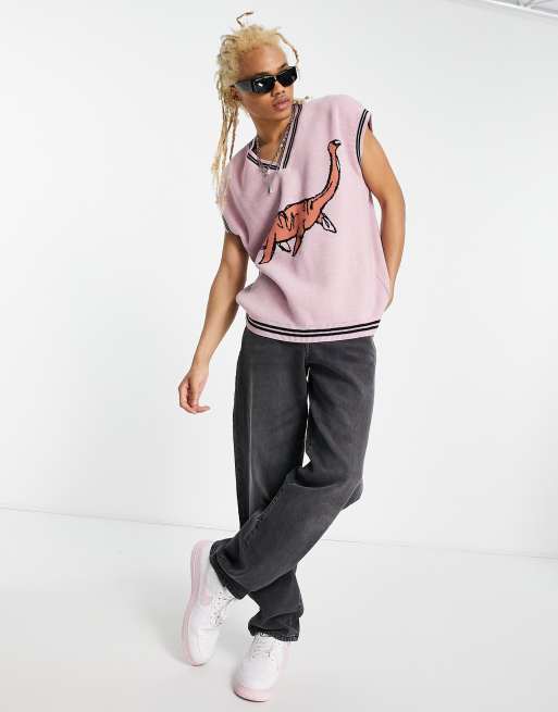 ASOS DESIGN - Strikket vest med dinosaurdesign i lyserød, 4 af 4