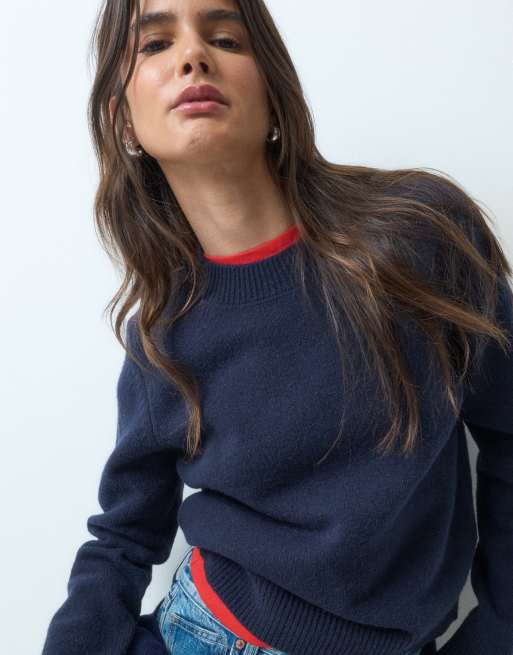 ASOS DESIGN striktrøje i uldblanding med tætsiddende pasform i navy, 4 af 4
