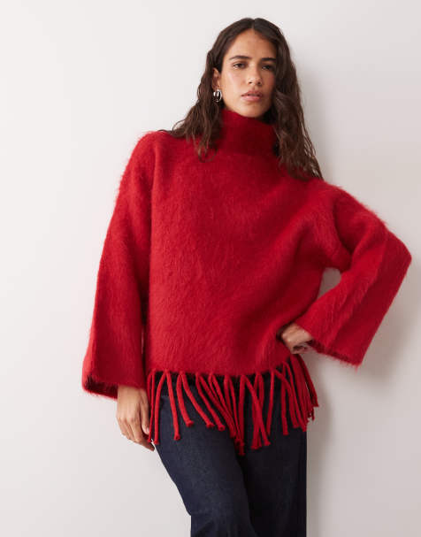 ASOS DESIGN striktrøje med børstet frynsekant i rød - view 1